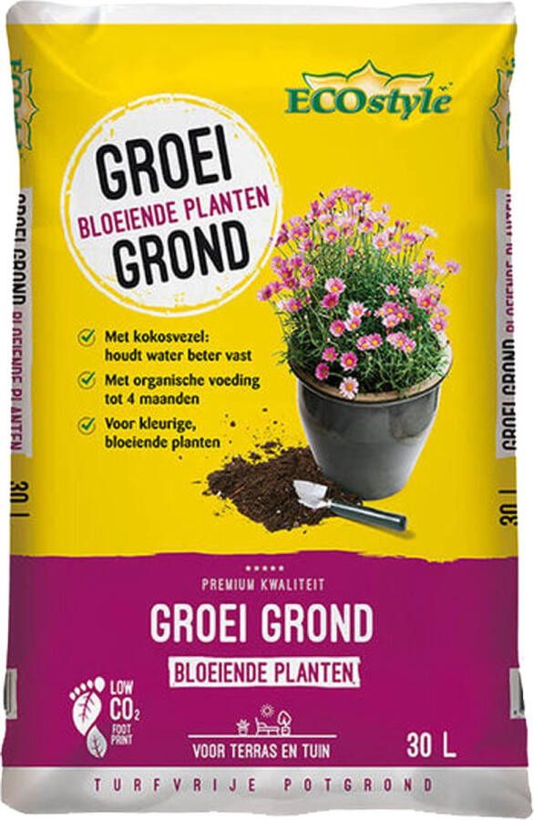 ECOstyle GroeiGrond Bloeiende Planten Turfvrije Potgrond Met Kokosvezels en Organische Voeding Voor Kleurige en Bloeiende Planten 30 L