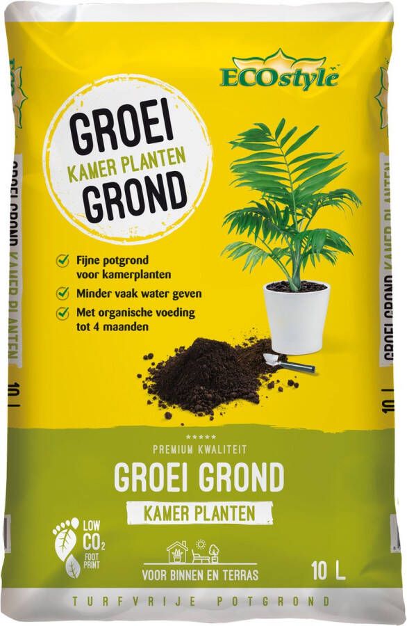 ECOstyle GroeiGrond Kamerplanten Fijne Potgrond Turfvrij Voor Binnen en Terras met Organische Voeding Minder Water Geven 10 L