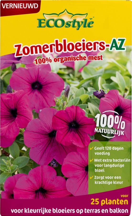 ECOstyle Zomerbloeiers-AZ Organische Tuinmest voor Krachtige Kleur Extra BacteriÃn voor Landurige Groei 120 Dagen Voeding voor 25 planten 800 GR