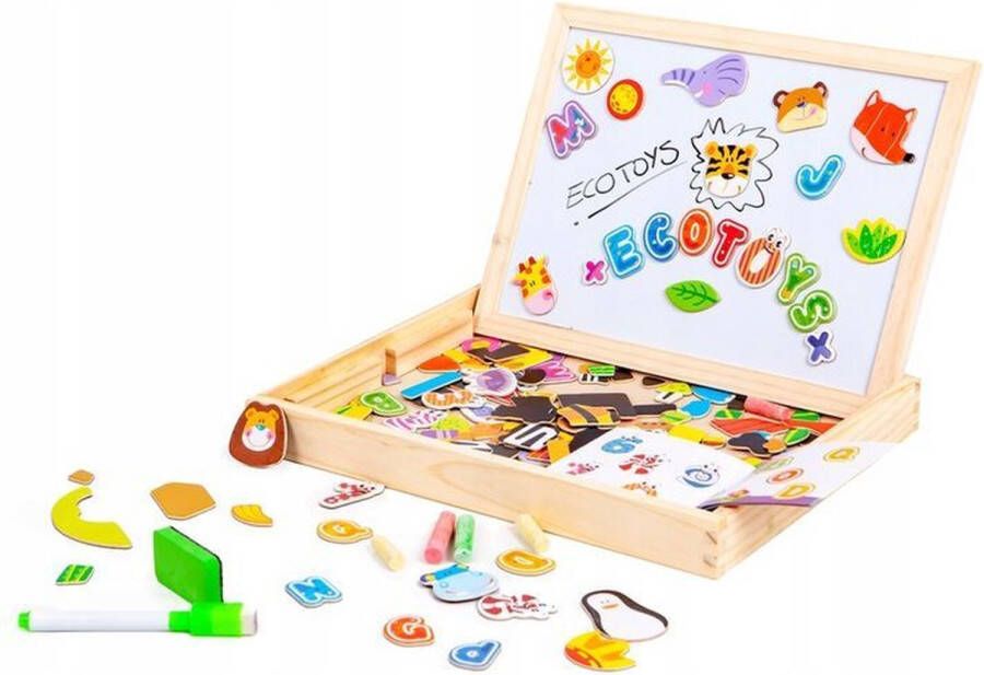 ECOTOYS 2 in 1 dubbelzijdig magnetisch speelbord 176 delig met accessoires Houten puzzel voor kinderen Spelenderwijs leren Educatief speelgoed