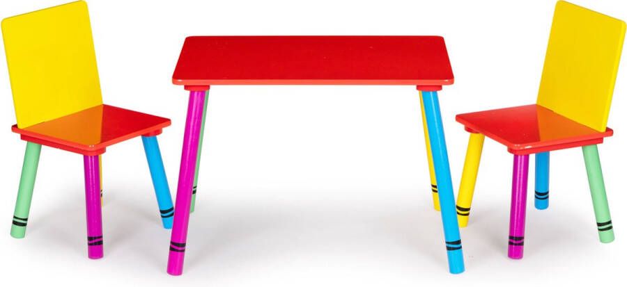 ECOTOYS Kindertafel en stoeltjes krijtjes hout multikleur