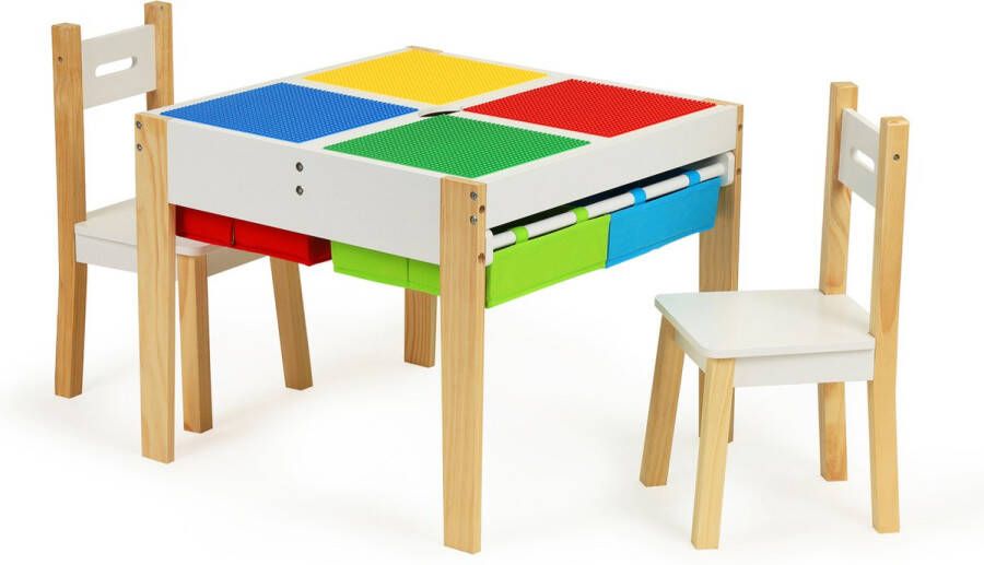 ECOTOYS Kindertafel en stoeltjes met bouwplaten en opbergruimte