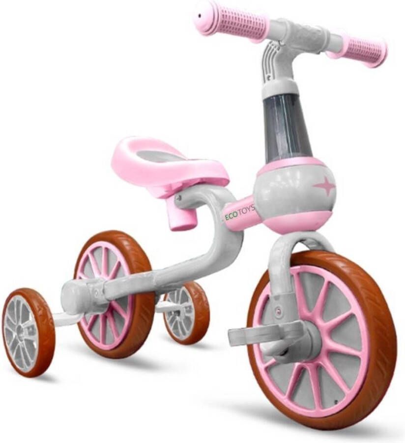 ECOTOYS Loopfiets met zijwieltjes voor kinderen met trap pedalen roze & wit