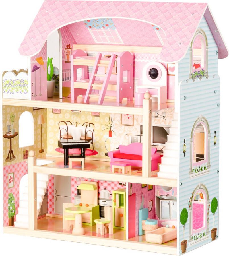 ECOTOYS Poppenhuis 3 verdiepingen met 5 kamers 71x63x30 cm