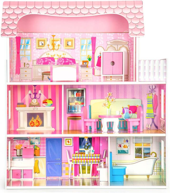 ECOTOYS Poppenhuis hout 60x24x70 cm 3 verdiepingen roze