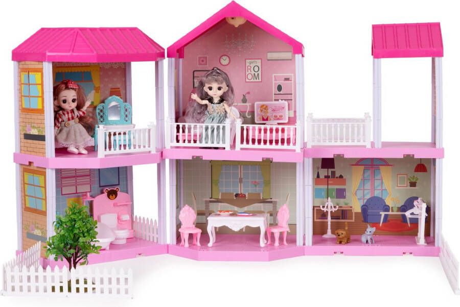 Ecotoys 156-delig opvouwbaar poppenhuis met meubels poppen en LED lamp 68.8 x 39.5 x 51.5 cm Roze