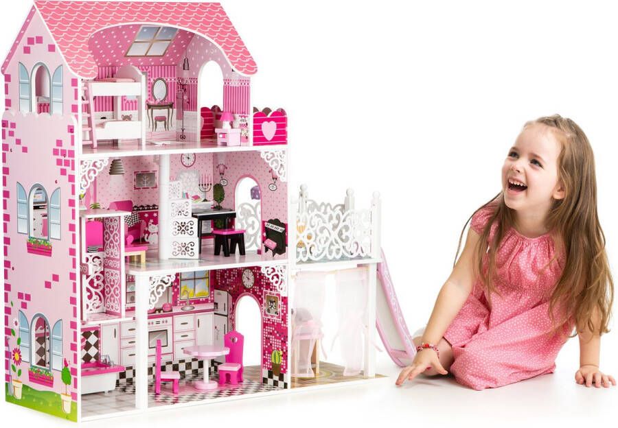 ECOTOYS Poppenhuis roze 3 verdiepingen 71x33x90 cm met glijbaan