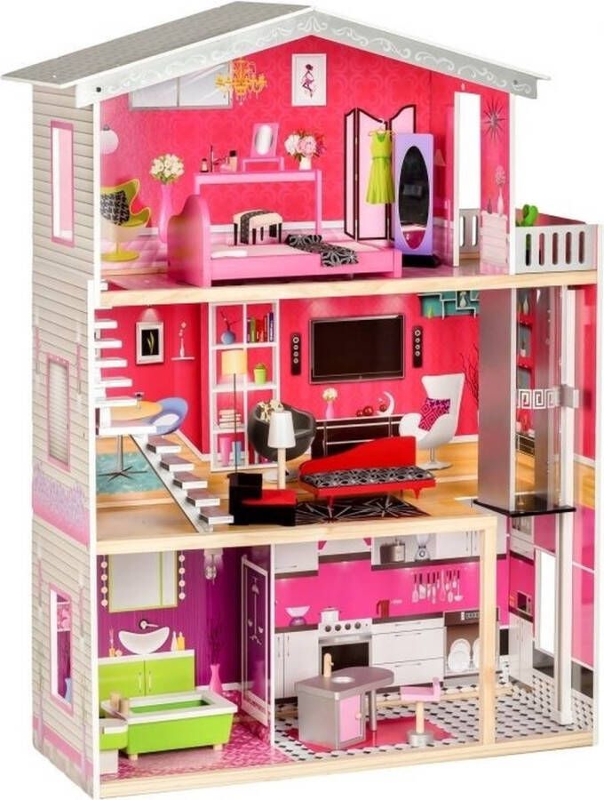 ECOTOYS Poppenhuis van hout met meubels en accessoires 3 verdiepingen