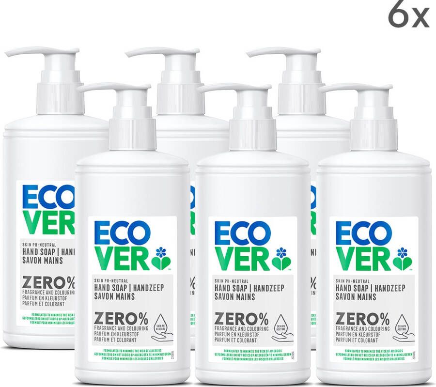 Ecover Handzeep Voordeelverpakking ZERO Sensitive 6 x 250 ml Zeeppompje Ecologisch & Voor de Gevoelige Huid