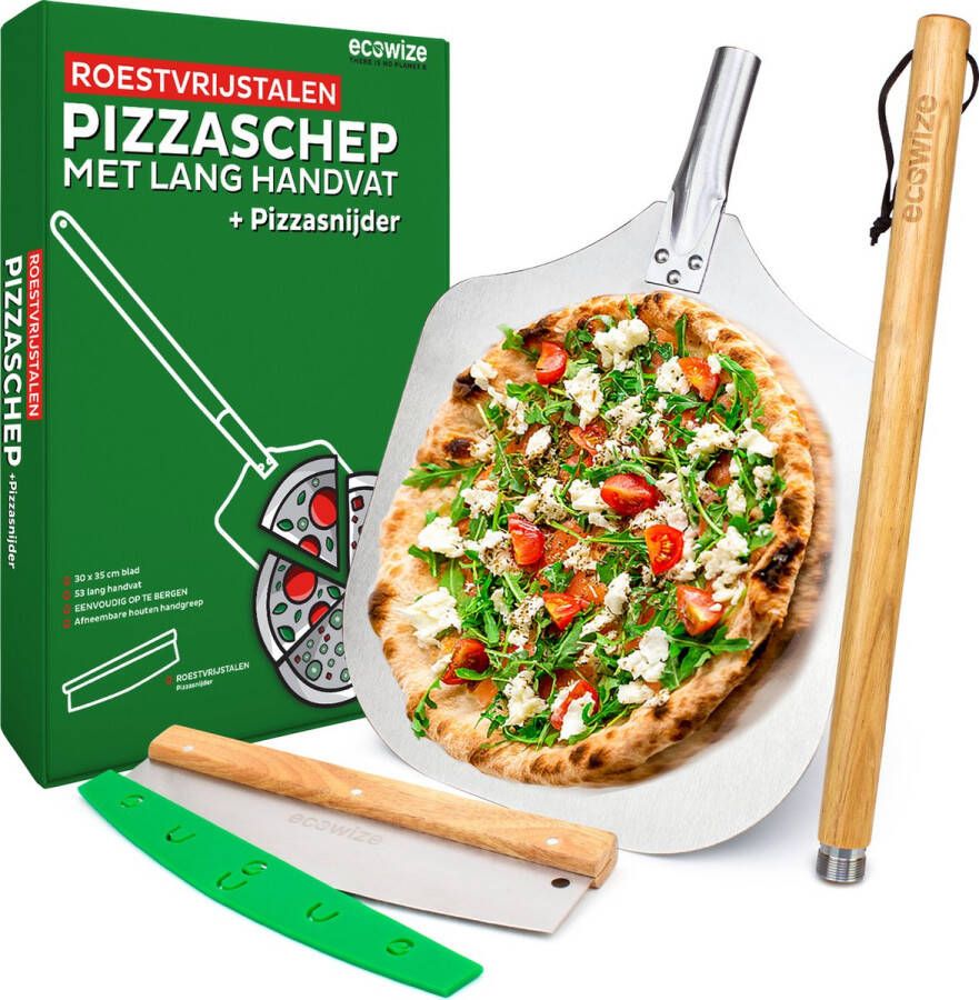 Ecowize Pizzaschep Extra Lang (85 cm) voor BBQ en Oven RVS Pizzaspatel Vierkant 30cm met Inklapbaar Handvat Met Extra Professionele Pizzasnijder