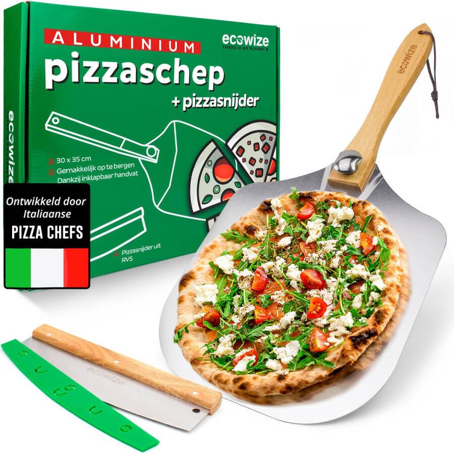 Ecowize Pizzaschep voor BBQ en Oven Aluminium Pizzaspatel Vierkant 30cm met Inklapbaar Handvat Met Extra Professionele Pizzasnijder