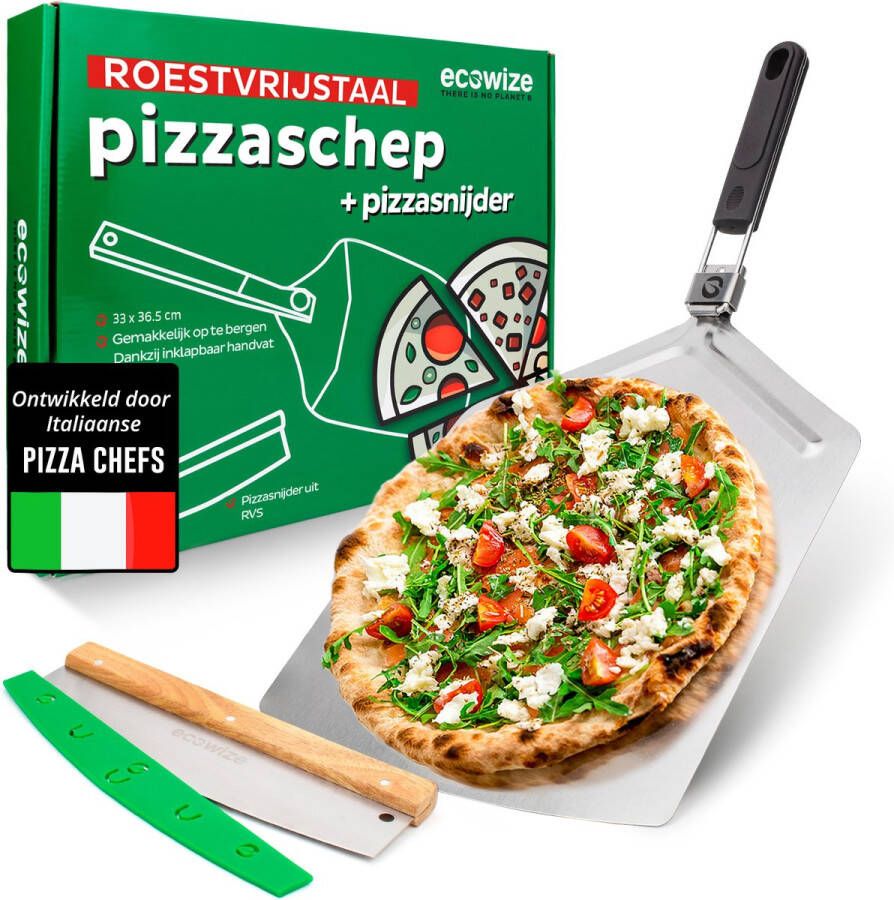 Ecowize Pizzaschep voor BBQ en Oven RVS Pizzaspatel Vierkant 30cm met Inklapbaar Handvat Met Extra Professionele Pizzasnijder