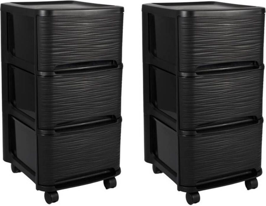 EDA 2x stuks ladenkast organizers zwart 3x lades met wieltjes L32 x B37 x H61 cm Opruimen opbergen laatjes