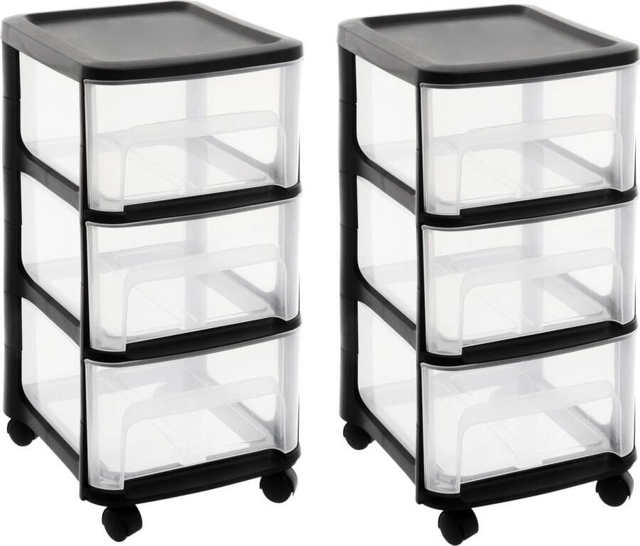 EDA 2x stuks ladenkast organizers zwart A4 3x lades met wieltjes L32 x B37 x H61 cm Ladenblokken