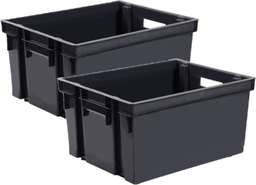 EDA 6x stuks kunststof opbergkratten stapelbaar zwart L44 x B35 x H24 cm 30 liter Stapelbare kratten