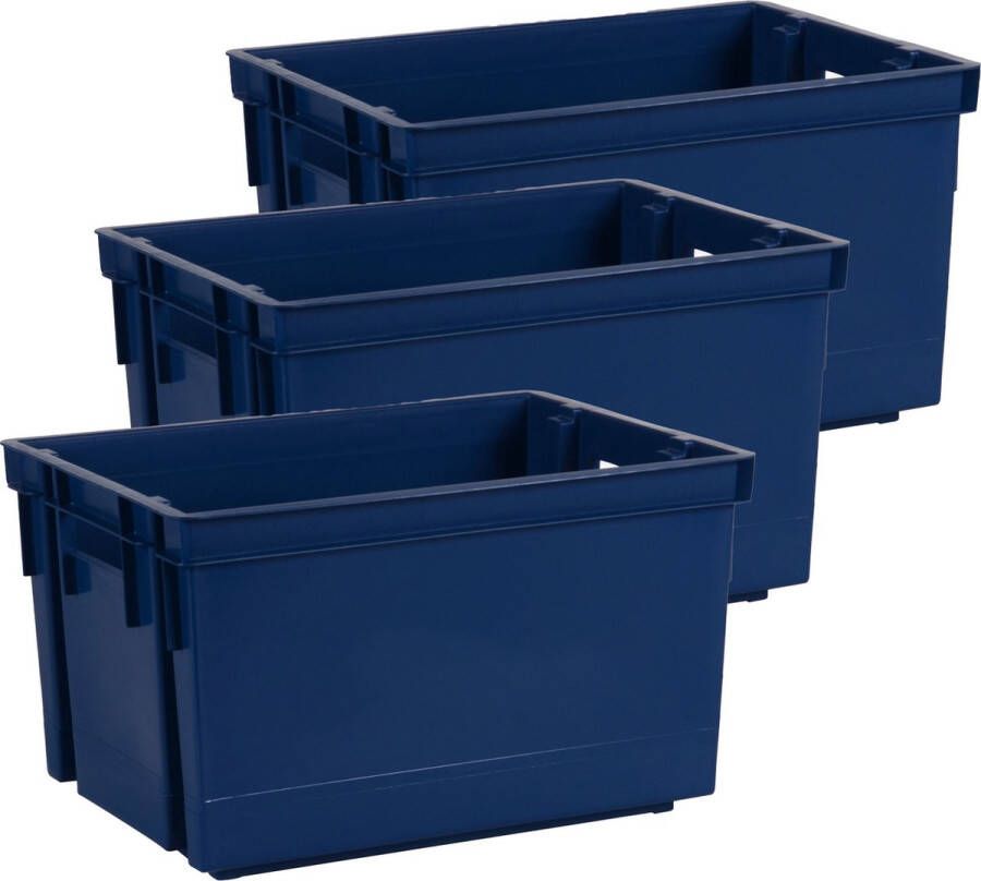 EDA Opbergbox opbergkrat 20 L 3x blauw kunststof 39 x 29 x 23 stapelbaar nestbaar