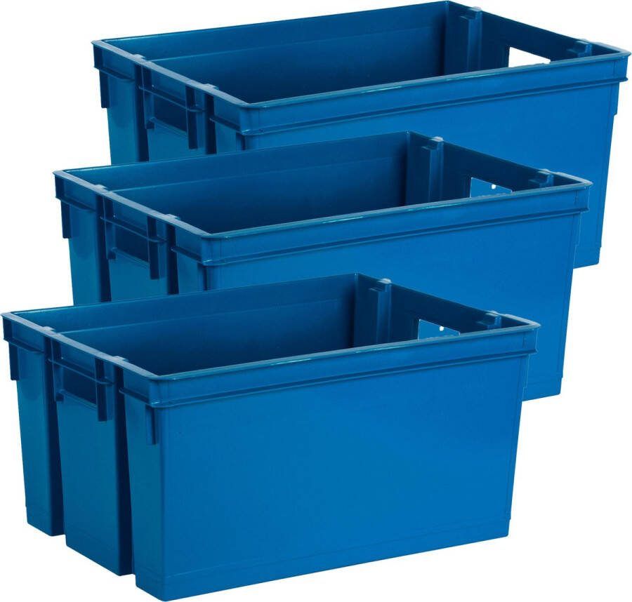 Eda Opbergbox opbergkrat 50 L 3x blauw kunststof 56 x 41 x 29 stapelbaar nestbaar Opbergbox