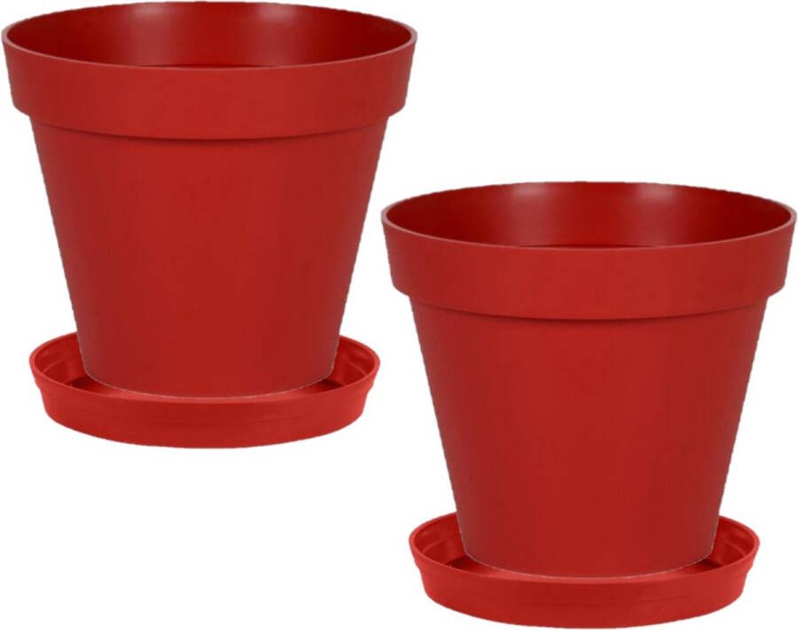 Shoppartners Set Van 2x Stuks Bloempotten Toscane Kunststof Rood D40 X H32 Cm Inclusief Onderschalen D35 Cm Plantenpotten