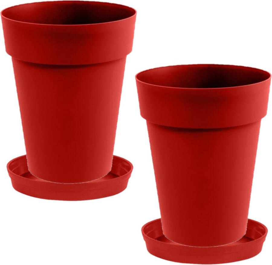 Shoppartners Set Van 2x Stuks Bloempotten Toscane Kunststof Rood D44 X H53 Cm Inclusief Onderschalen D35 Cm Plantenpotten