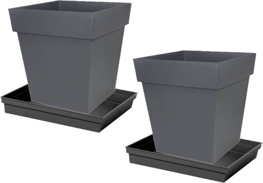 Shoppartners Set Van 2x Stuks Bloempotten Toscane Vierkant Kunststof Zwart 32 X 32 X 32 Cm Inclusief Onderschalen Plantenpotten
