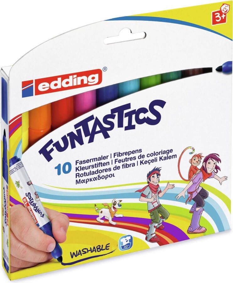 Edding 14 FUNTASTICS kleurstiften voor kinderen set van 10 ronde punt 3 mm voor kleurplezier op lichtgekleurd papier en karton uitwasbaar van huid en textiel