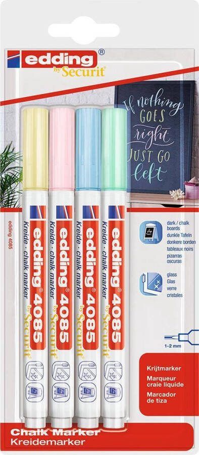 Edding 4085 4 krijtstiften blister pastel kleuren ronde punt 1-2 mm blister van 4 stuks