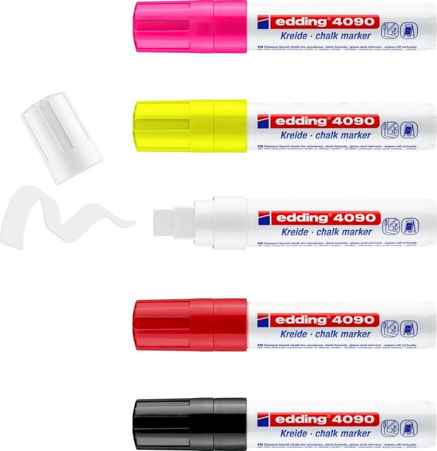 Edding e-4090 krijtmarker kleuren 5 krijtmarkers beitelvormige punt 4-15 mm krijtstift voor borden uitwisbaar ruiten glas spiegels bordstift met dekkende kleuren