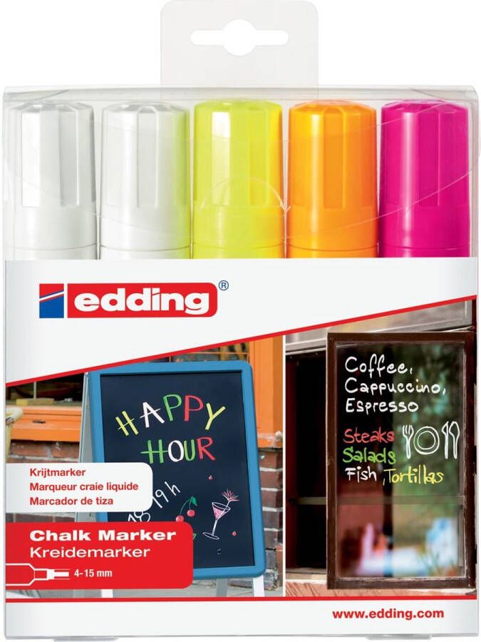 Edding 4090 krijtmarkers set van 5 krijtmarkers in 4 kleuren geschikt voor o.a. glas ramen krijtborden niet-permanent beitelvormige brede punt van 4-15 mm