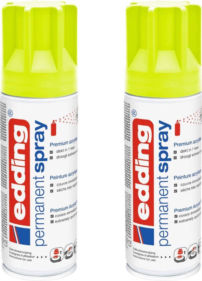 Edding 5200 permanent spray neon geel 2 stuks 200 ml per stuk direct dekkend – 1 4 t m 2 m2 oppervlak carnaval spullen versieren lakken en versieren van bijna alle oppervlaktes en ondergronden lakspray acrylspray verfspray