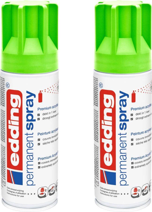 Edding 5200 permanent spray neon groen 2 stuks 200 ml per stuk direct dekkend – 1 4 t m 2 m2 oppervlak carnaval spullen versieren lakken en versieren van bijna alle oppervlaktes en ondergronden lakspray acrylspray verfspray