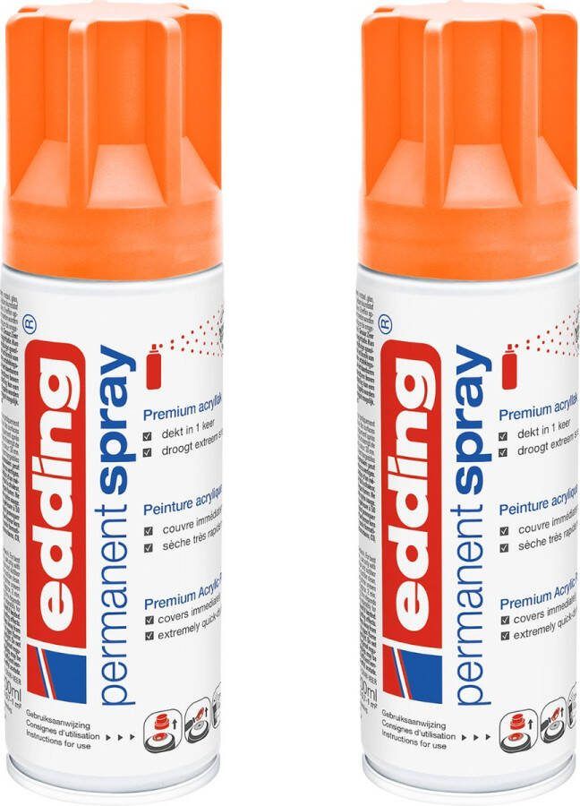 Edding 5200 permanent spray neon oranje 2 stuks 200 ml per stuk direct dekkend – 1 4 t m 2 m2 oppervlak carnaval spullen versieren lakken en versieren van bijna alle oppervlaktes en ondergronden lakspray acrylspray verfspray