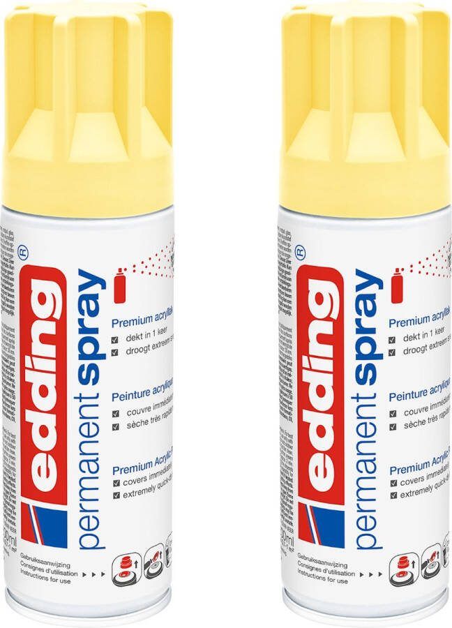 Edding 5200 permanent spray pastelgeel mat 2 stuks 200 ml per stuk direct dekkend – 1 4 t m 2 m2 oppervlak carnaval spullen versieren lakken en versieren van bijna alle oppervlaktes en ondergronden lakspray acrylspray verfspray