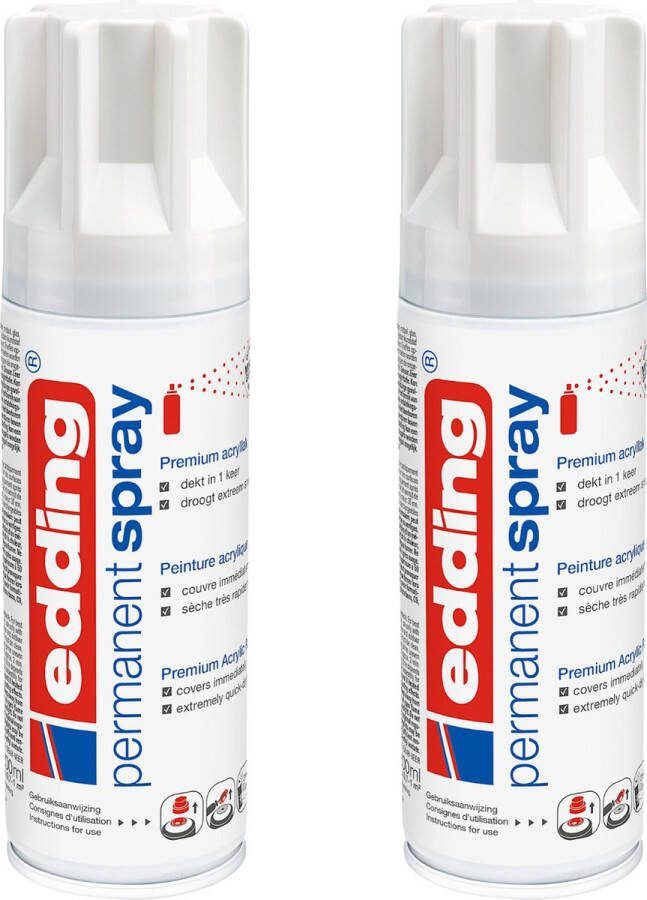 Edding 5200 permanent spray verkeerswit glanzend 2 stuks 200 ml per stuk direct dekkend – 1 4 t m 2 m2 oppervlak carnaval spullen versieren lakken en versieren van bijna alle oppervlaktes en ondergronden lakspray acrylspray verfspray