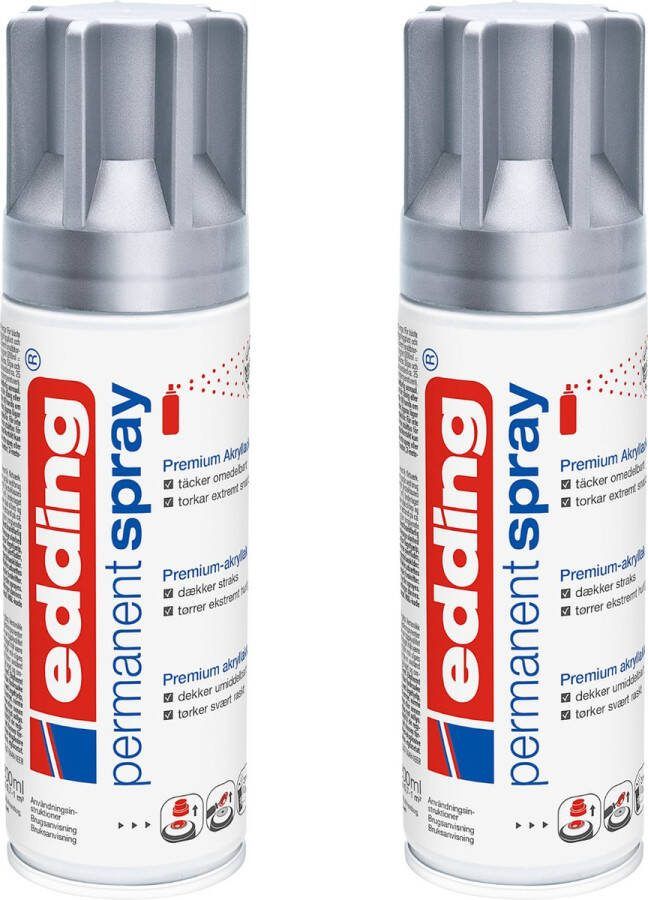 Edding 5200 permanent spray zilver mat 2 stuks 200 ml per stuk direct dekkend – 1 4 t m 2 m2 oppervlak carnaval spullen versieren lakken en versieren van bijna alle oppervlaktes en ondergronden lakspray acrylspray verfspray