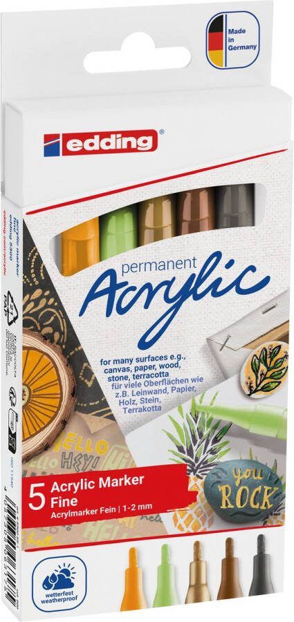 Edding 5300 acrylverf stiften 5 natuur kleuren acryl stiften ronde punt 1-2 mm pastelgroen zonnegeel mat hazelnoot mat rijkgoud mat antraciet mat Watervaste inkt