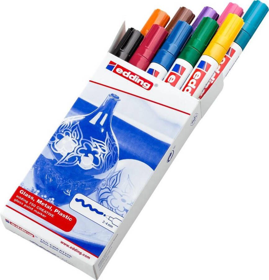 Edding 750 glanslakmarkers doosje met 10 verschillende kleuren 2-4 mm hittebestendig en lichtecht o.a. geschikt voor permanent markeren versieren tekenen op glas metaal plastic en gecoat papier