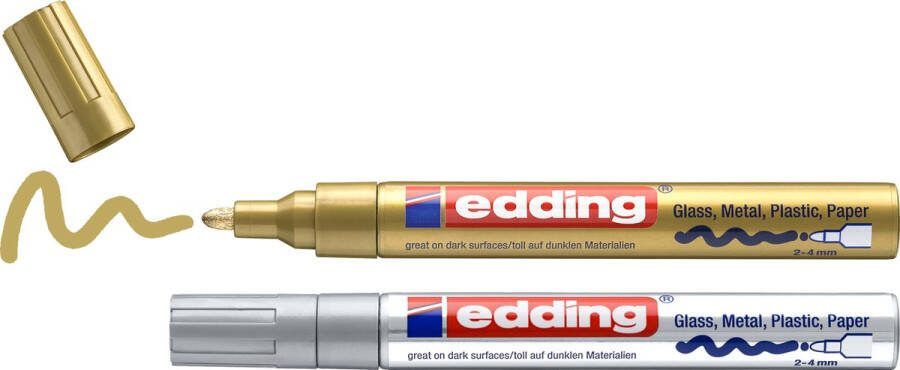 Edding 750 2 lakmarker 2 stuks goud zilver ronde punt 2-4mm verfstift voor markeren en labelen van metaal glass steen of plastic permanent veegvast en watervast