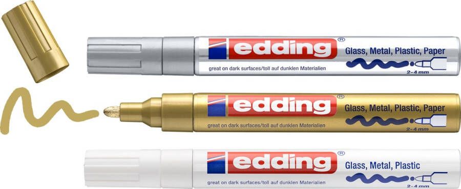 Edding 750 3 S metallic lakmarker set assorti 3 stuks: wit goud zilver 2-4mm