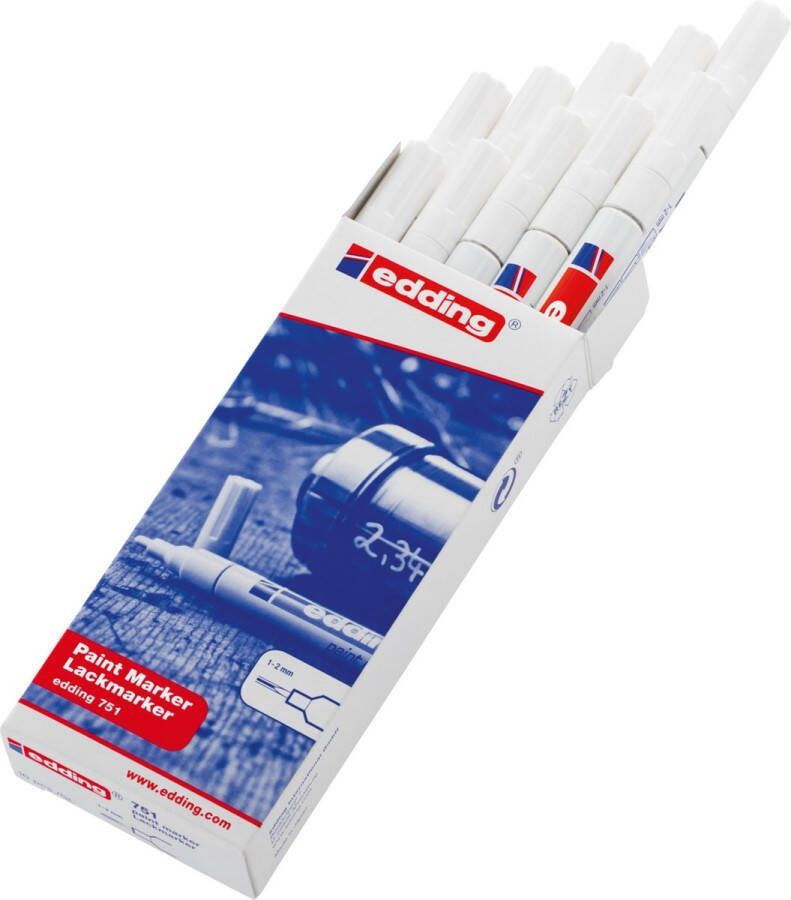 Edding 751 lakmarker wit hittebestendig tot 1000 °C ronde punt 1-2 mm doosje van 10 stuks verfstift voor markeren en labelen van metaal glass steen of plastic permanent veegvast en watervast