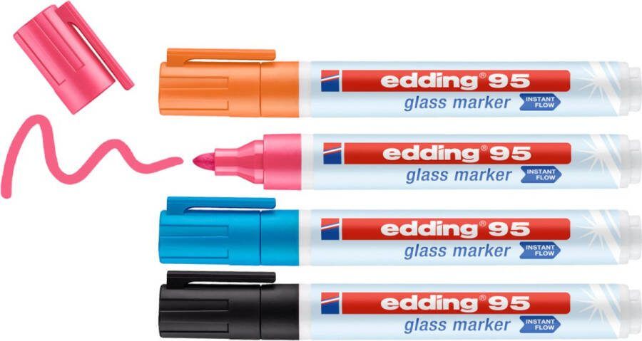 Edding 95 Zwart Wit Oranje Roze Glasmarker Raamstift Set van 4 Kleuren Stift Glazen Oppervlakken Ronde Punt 1 5-3mm 4 Stuks