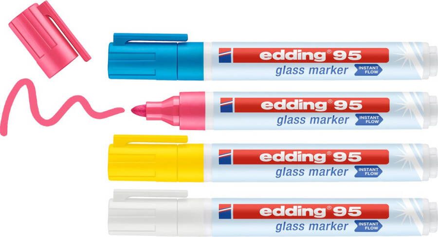 Edding 95 4 S glasmarker set assorti licht 4 stuks: geel roze lichtblauw wit- zonder pompsysteem direct te gebruiken 1 5-3mm