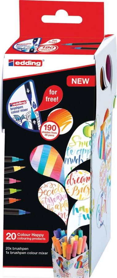 Edding colour happy brushpennen assorti box 20 brushpennen flexibele penseelvorm variabele punt handige doos met 20 stuks brushpennen en een colourmixer