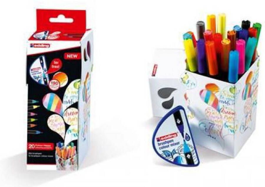 Edding colour happy brushpennen assorti box 20 brushpennen flexibele penseelvorm variabele punt handige doos met 20 stuks brushpennen en een colourmixer