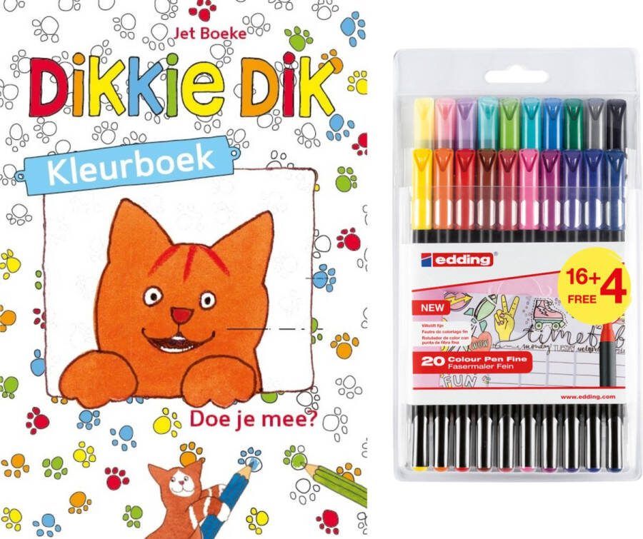 Edding Dikkie Dik vakantie kleurboek met setje kleurstiften 20 viltstiften in verschillende kleuren CE keurmerk voor kinderen leuk voor vakanties en verjaardagen 1200 viltstiften set