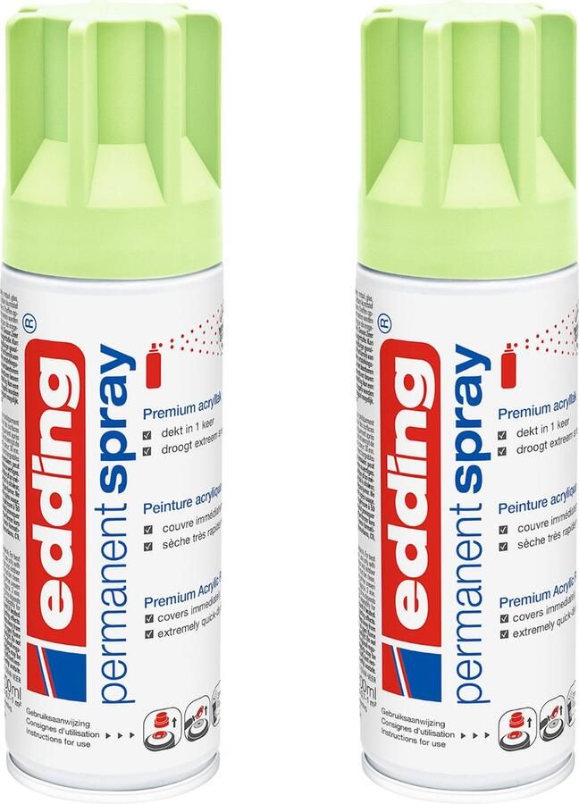 Edding 5200 permanent spray pastelgroen mat 2 stuks 200 ml per stuk direct dekkend – 1 4 t m 2 m2 oppervlak carnaval spullen versieren lakken en versieren van bijna alle oppervlaktes en ondergronden lakspray acrylspray verfspray