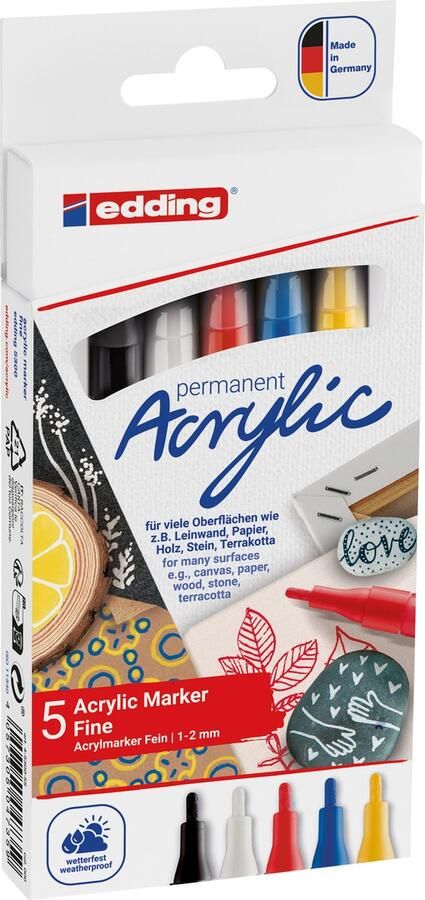 Edding 5300 acrylverf stiften 5 basis kleuren acryl stiften ronde punt 1-2 mm zwart verkeersrood gentiaanblauw zonnig geel en verkeerswit Watervaste inkt