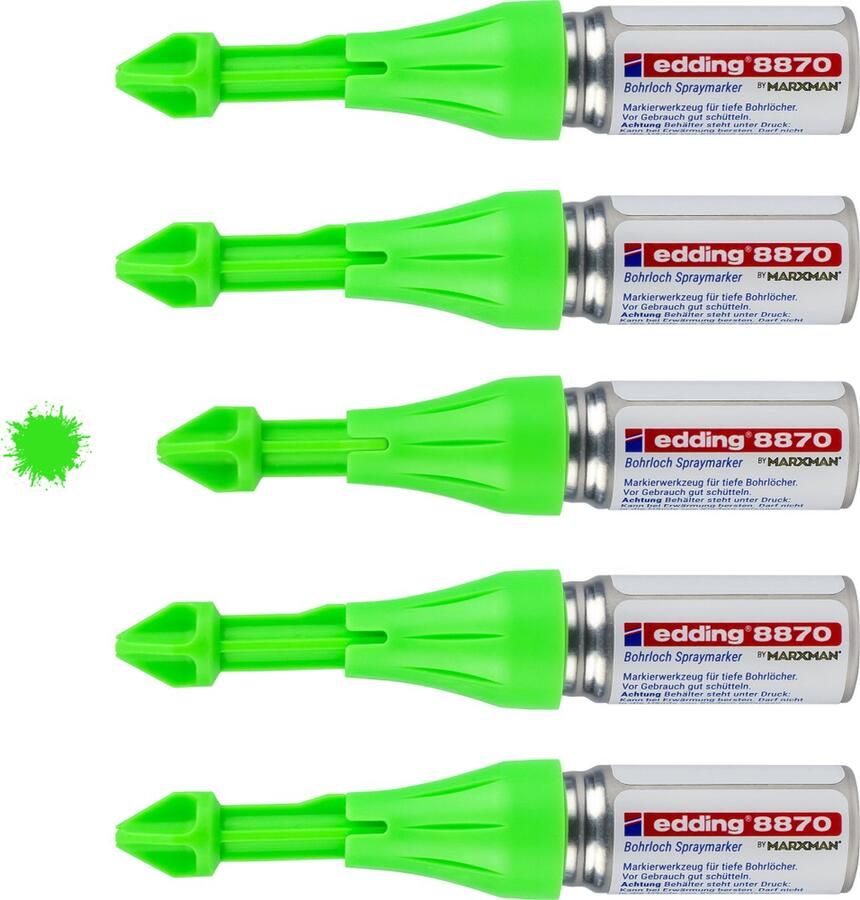 Edding 8870 deep hole spray marker by marxman markeringspen voor diepe gaten neongroen doos van 5 krijtspuit maakt markeren door boorgaten tot 50 mm diepte en 3-13 mm diameter mogelijk 250 markeringen per spuitbus