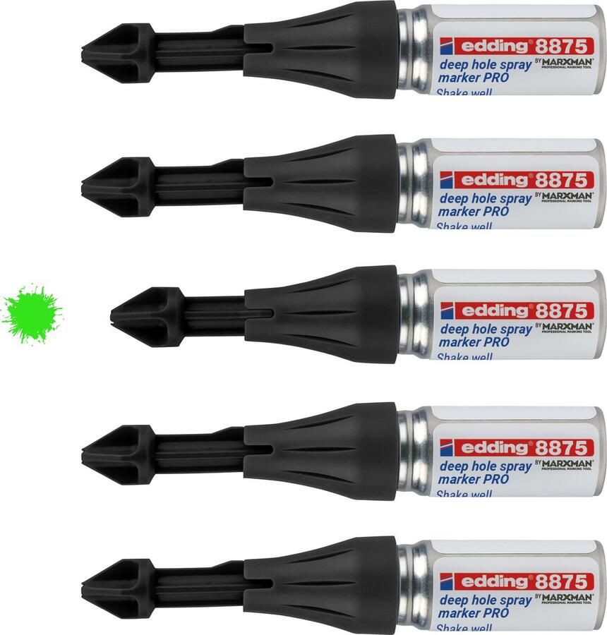 Edding 8875 deep hole spray marker 100mm neon green by marxman markeringspen voor diepe gaten 5 stuks neongroene krijtspuit maakt markeren door boorgaten tot 100 mm diepte en 3-13 mm diameter mogelijk 250 markering
