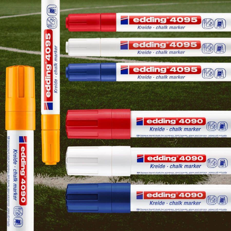 Edding EK voetbal raamtekenset 2x 4 kleuren krijtmarkers 8 stuks ronde beitel punt Schrijfbreedte van 2-3 4-15 mm krijtstiften voor borden uitwisbaar voor het schrijven op ruiten glas spiegels bordstift met dekkende kleuren