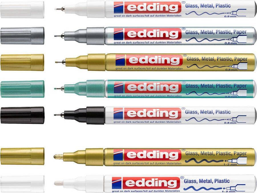 Edding glanslakmarker basisset 751 + 780 – wit zwart goud zilver metallic groen 7 verfstiften ronde punt 1-2 mm en 0 8 mm- verfstift voor het versieren van o.a. metaal glas steen of plastic hittebestendig permanent veegvast en watervast